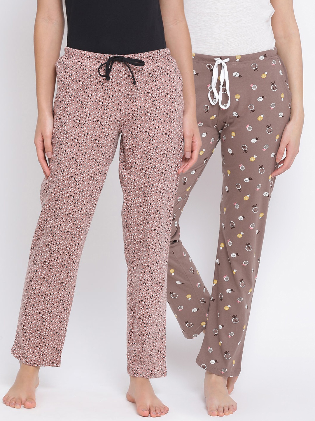 

Kanvin Women Pack Of 2 Printed Pure Cotton Lounge Pants, Brown