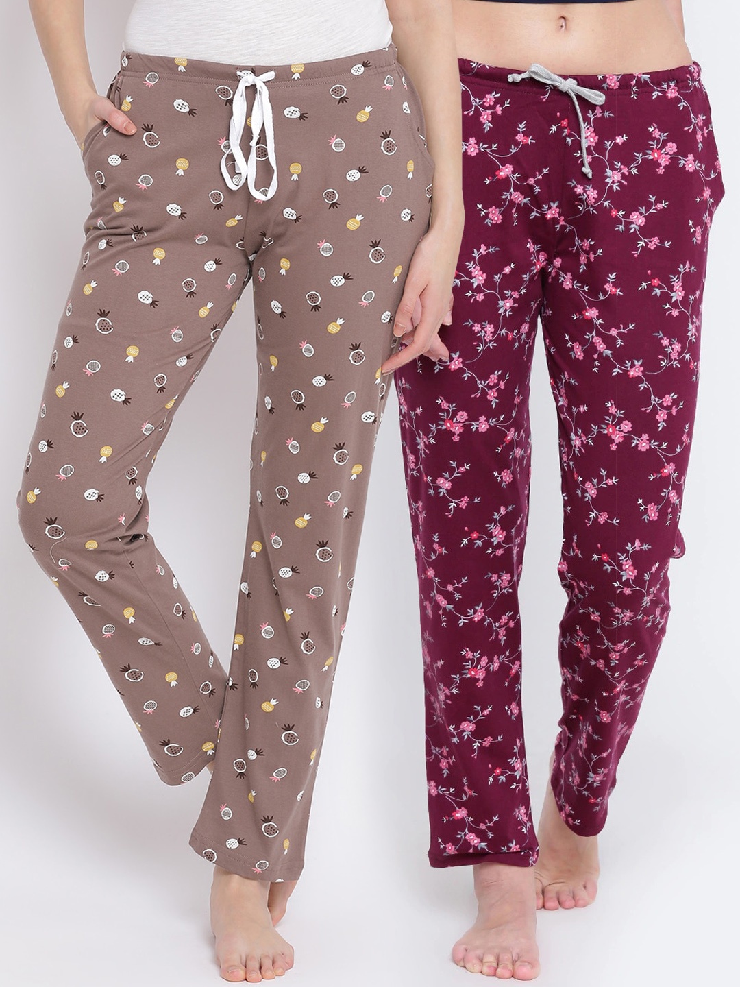 

Kanvin Women Pack Of 2 Printed Pure Cotton Lounge Pants, Brown
