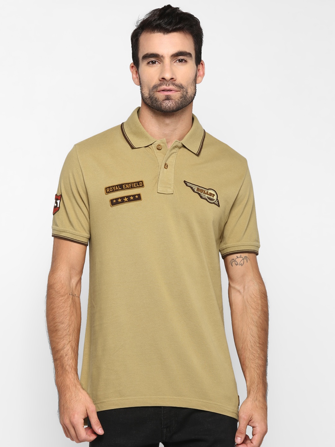 

Royal Enfield Men Khaki Solid Polo Collar T-shirt with Applique Detail