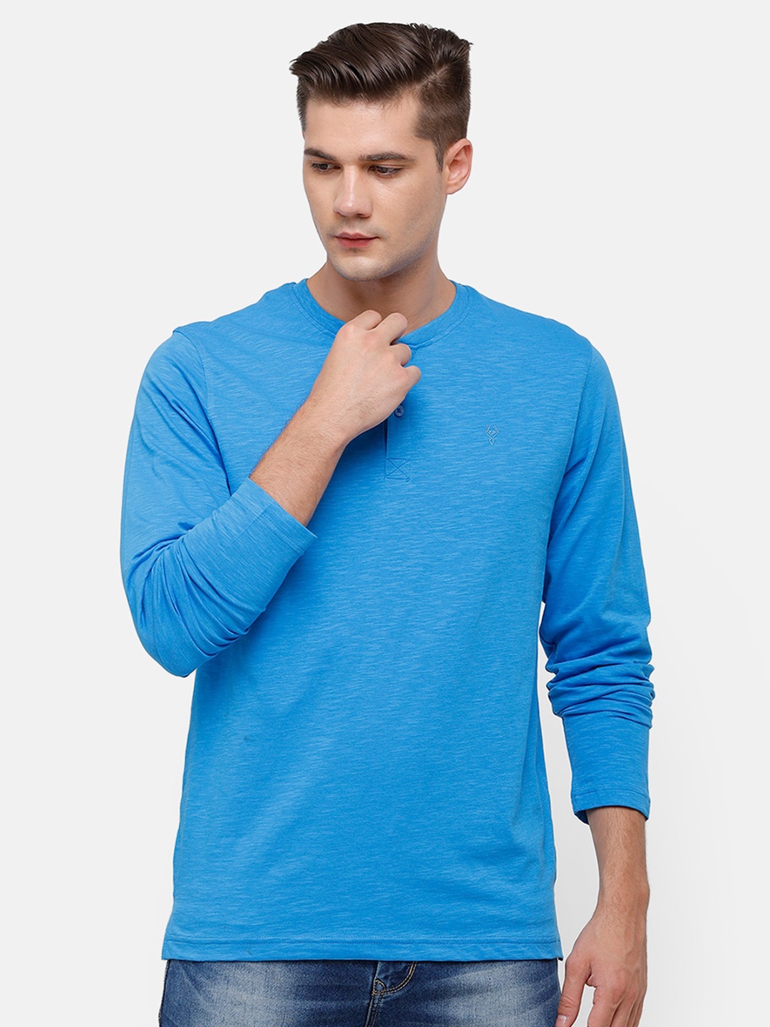 

Classic Polo Men Blue Solid Henley Neck Cotton Pure Cotton T-shirt