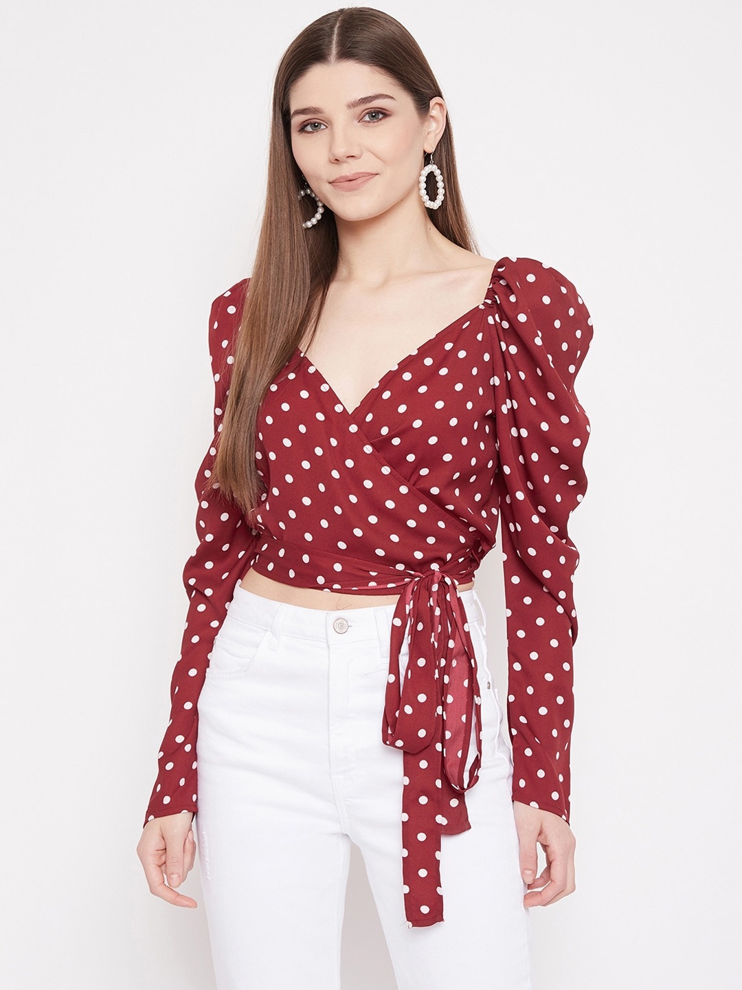 Berrylush Polka Dot Printed Crepe Wrap Crop Top, Maroon