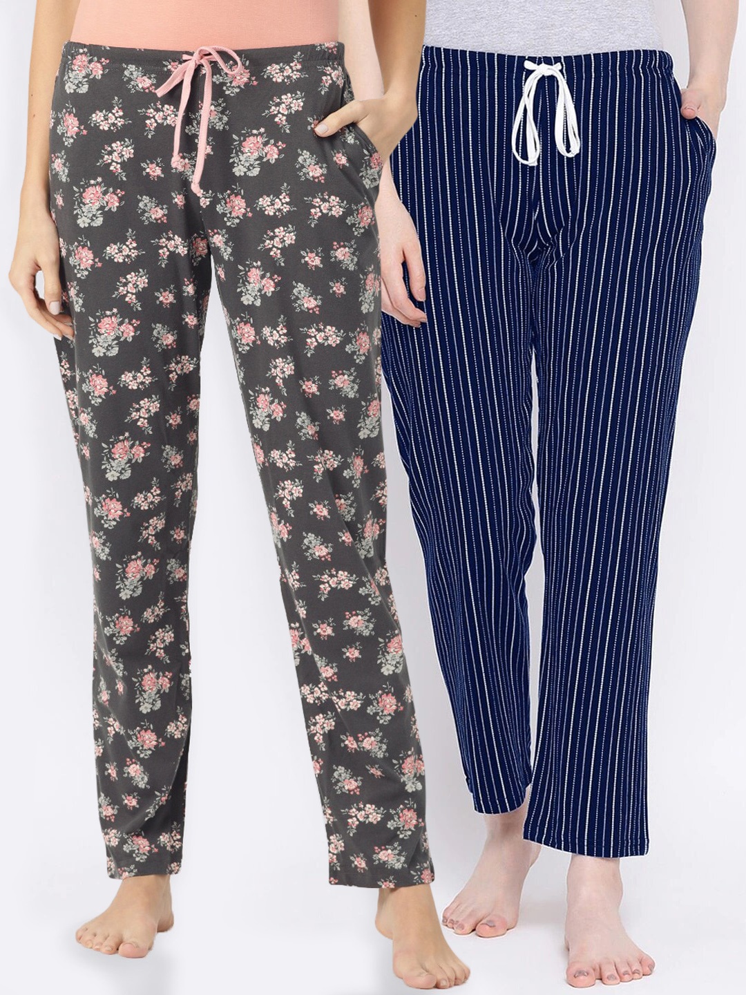 

Kanvin Women Pack of 2 Printed Pure Cotton Lounge Pants, Charcoal