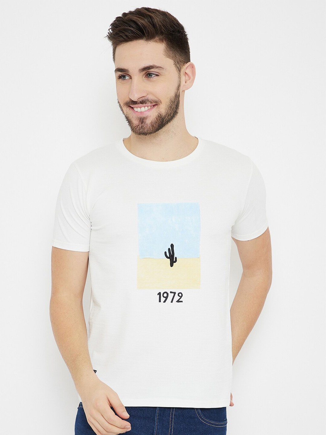 

Duke Men White & Blue Graphic Print Slim-Fit Cotton Round Neck T-shirt