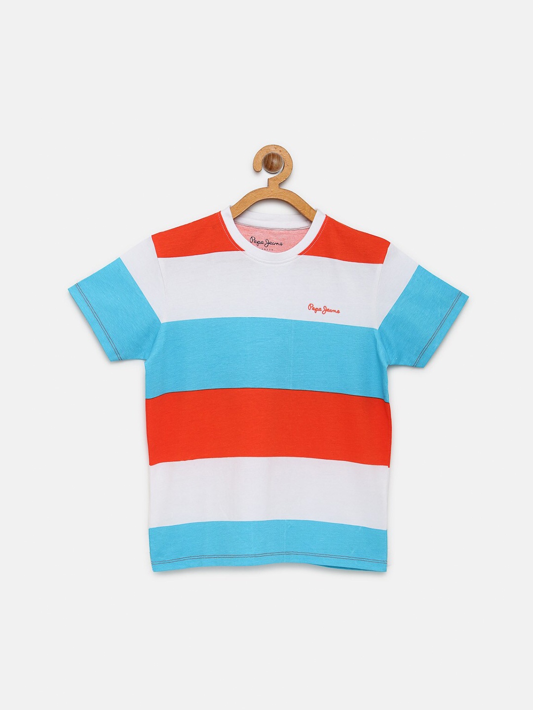 

Pepe Jeans Boys Blue White Striped Round Neck Pure Cotton T-shirt