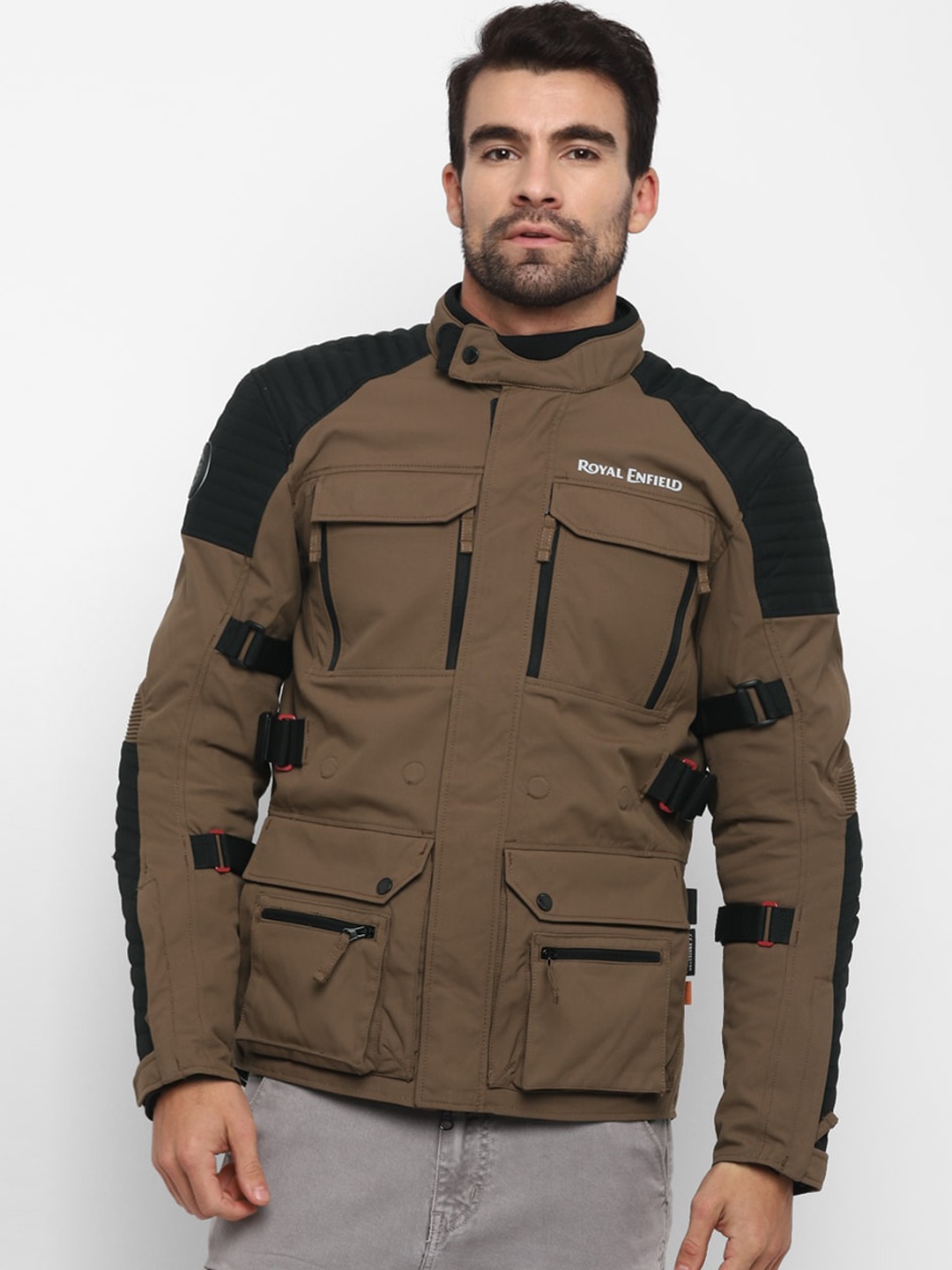 

Royal Enfield Men Brown & Black Colourblocked Nirvik Riding Jacket