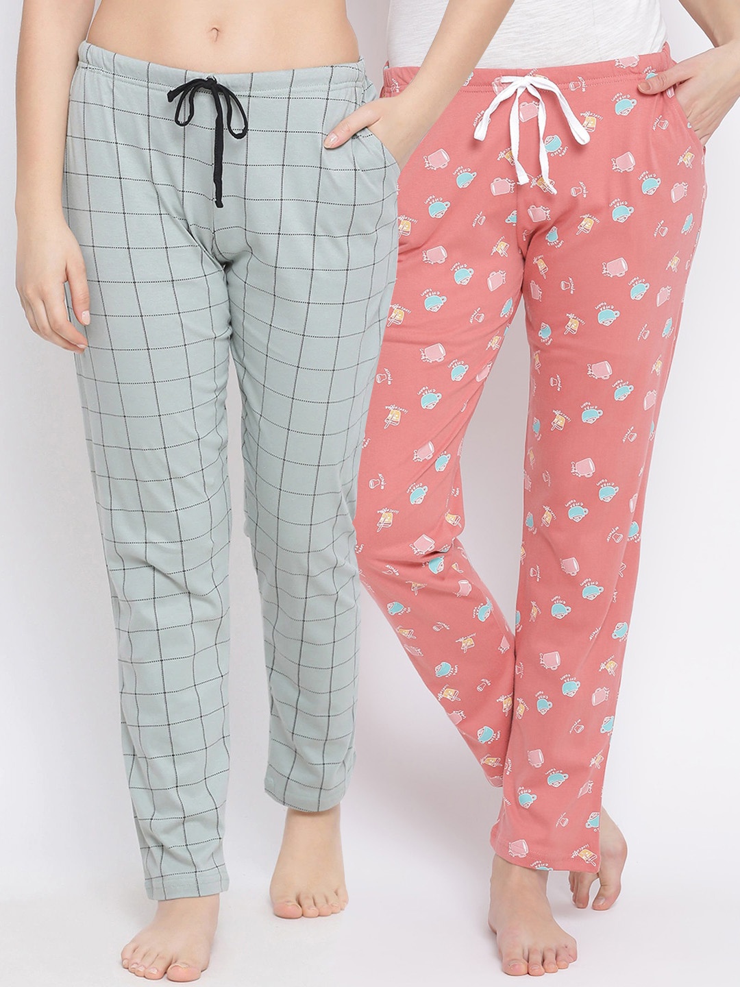 

Kanvin Women Pack of 2 Printed Pure Cotton Lounge Pants, Coral
