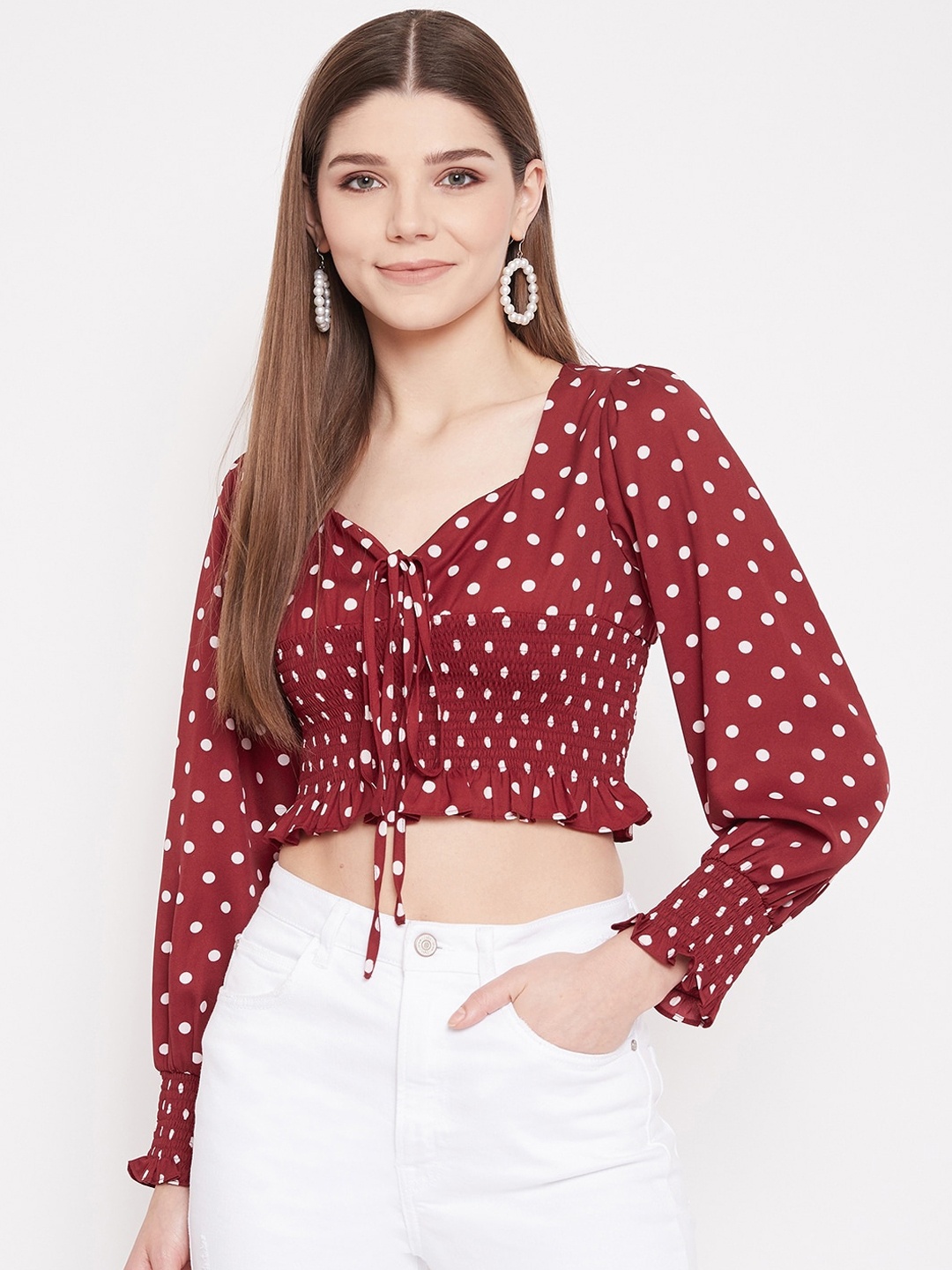 

Berrylush Red Bishop Sleeves Crepe Regular Crop Top