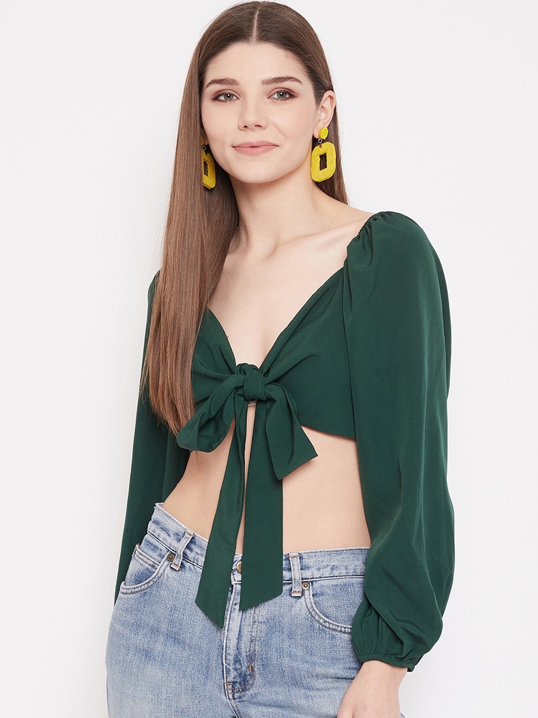 

Berrylush Green Bishop Sleeves Crepe Regular Crop Top