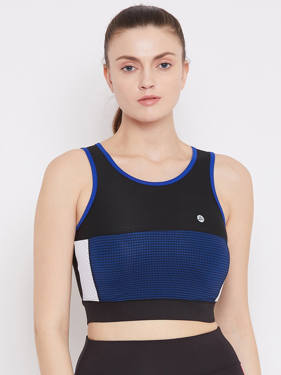

ATHLISIS Black & Navy Blue Colourblocked Non-Wired Lightly Padded Workout Bra