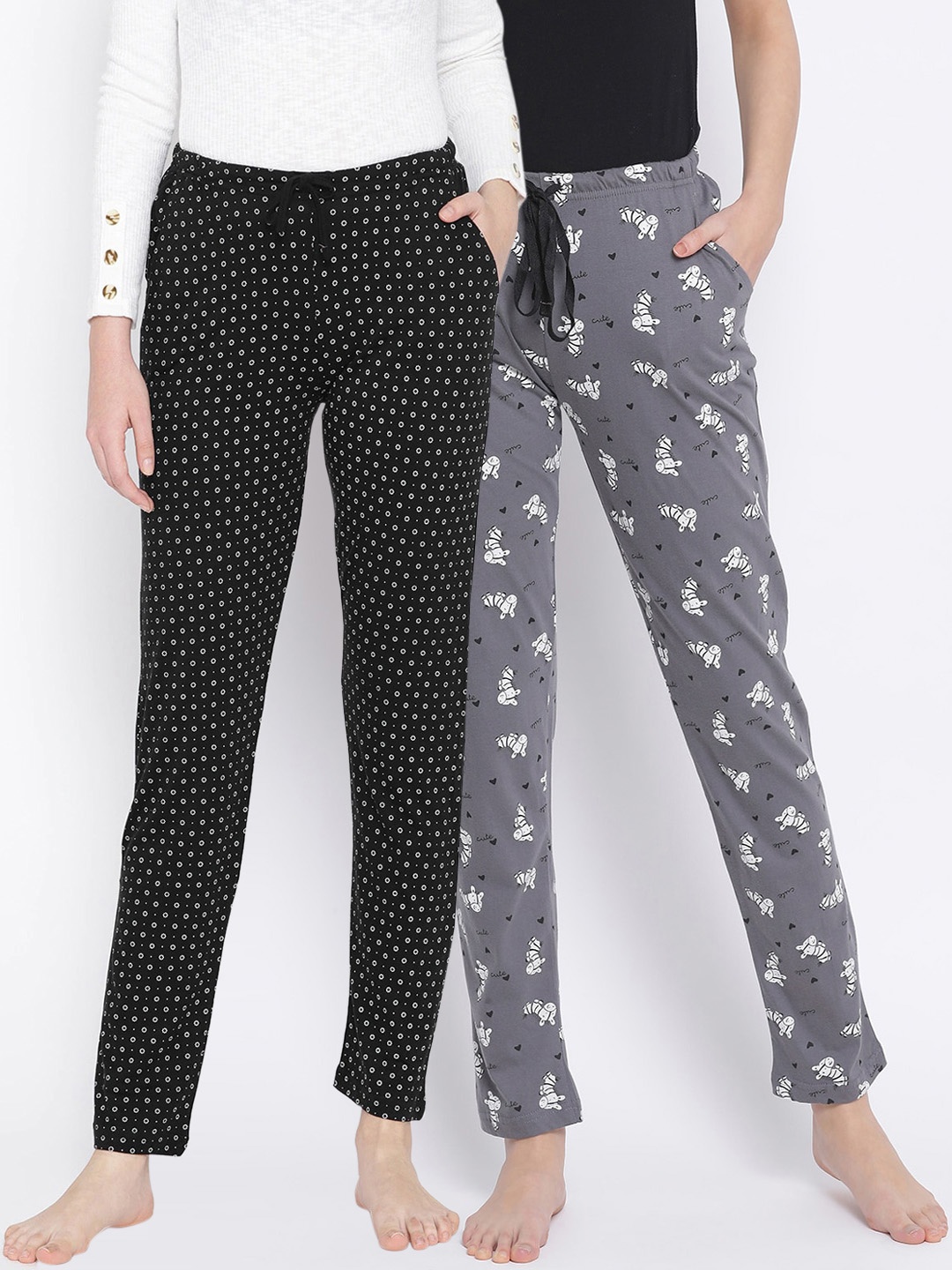 

Kanvin Women Pack Of 2 Printed Pure Cotton Lounge Pants, Grey