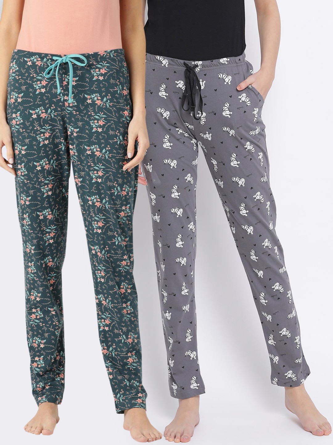 

Kanvin Women Pack Of 2 Printed Pure Cotton Lounge Pants, Grey