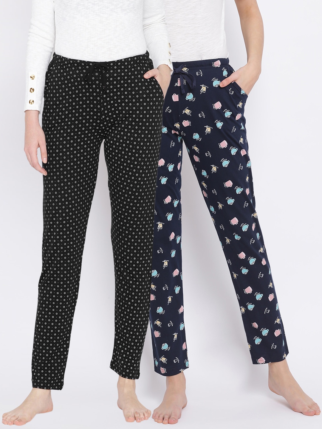 

Kanvin Women Pack Of 2 Printed Pure Cotton Lounge Pants, Navy blue