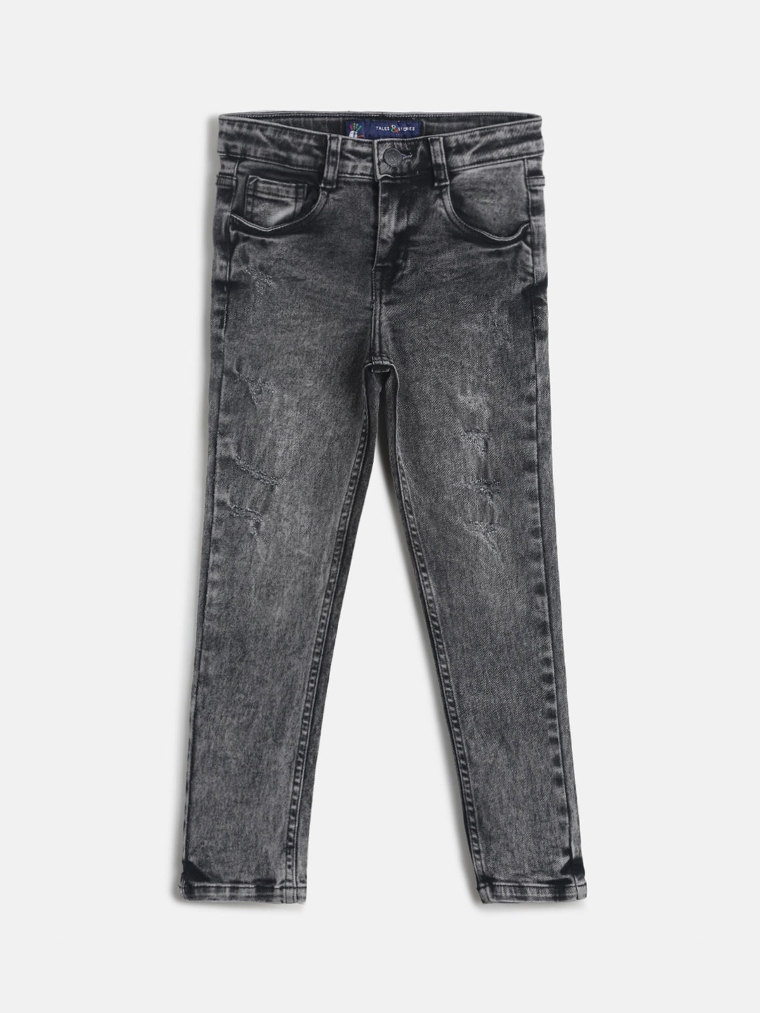 

TALES & STORIES Boys Black Slim Fit Mildly Distressed Heavy Fade Acid Wash Jeans