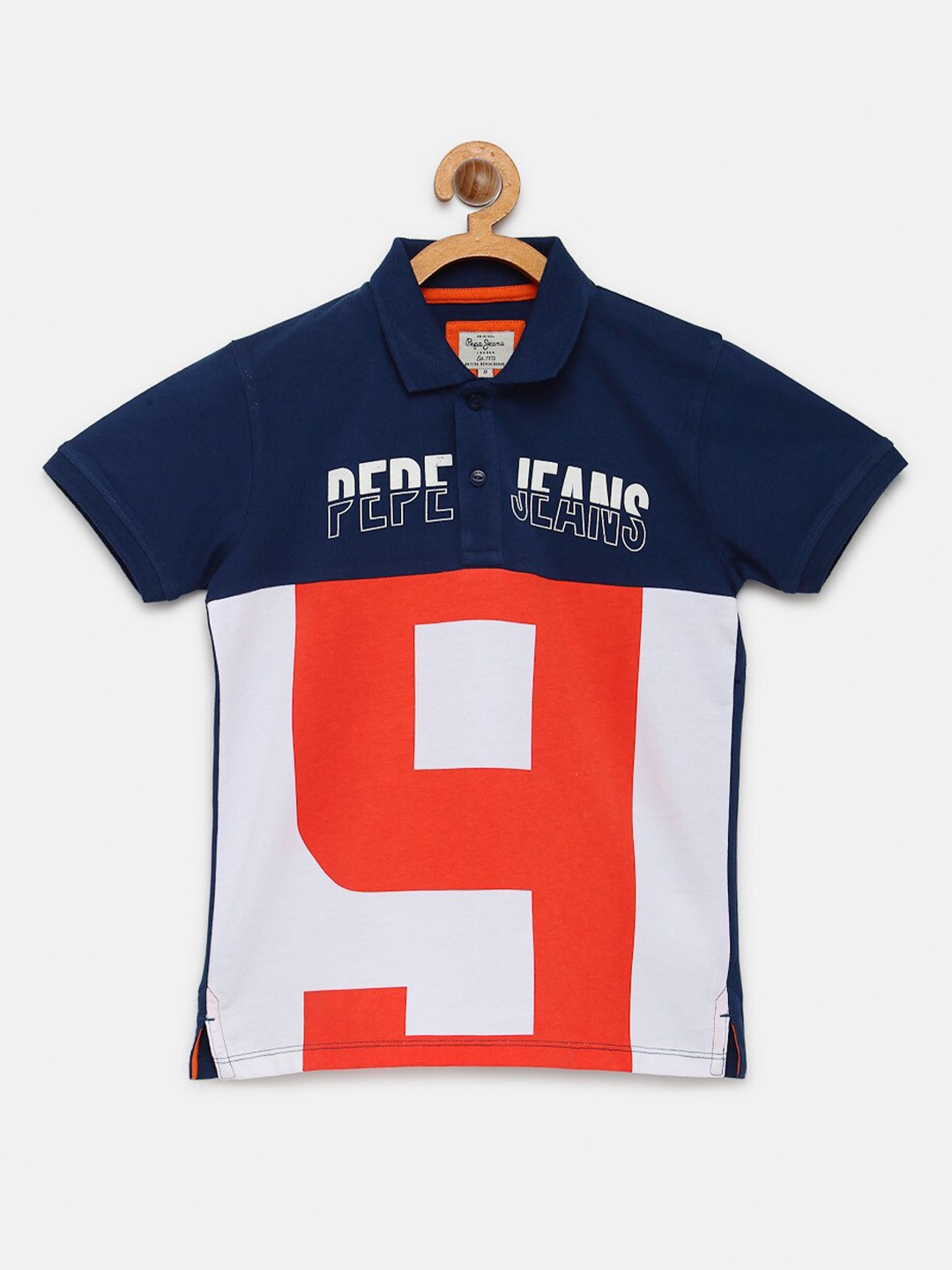 

Pepe Jeans Boys Navy Blue White Printed Polo Collar Pure Cotton T-shirt