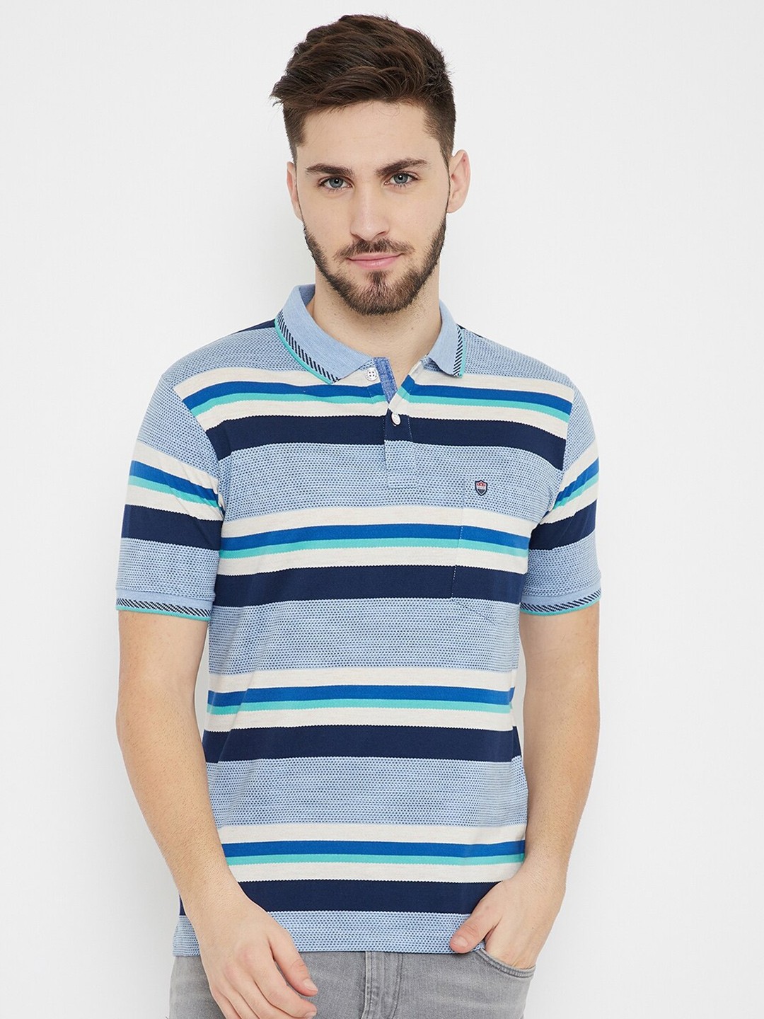 

Duke Men Blue & White Striped Cotton Polo Collar T-shirt