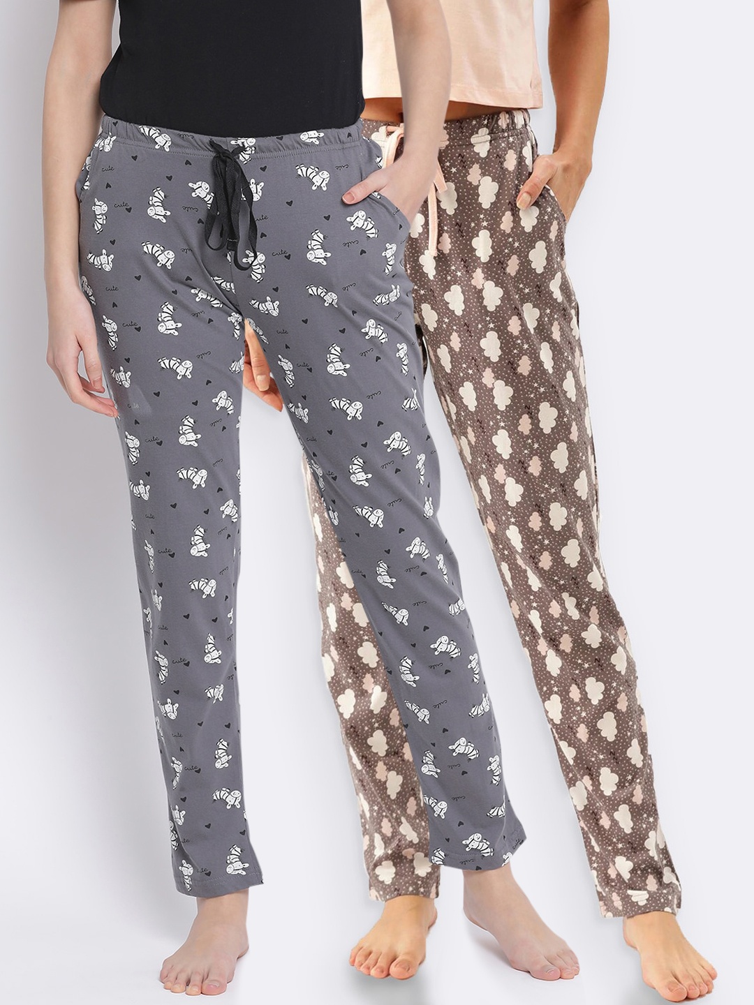 

Kanvin Women Pack Of 2 Printed Pure Cotton Lounge Pants, Grey