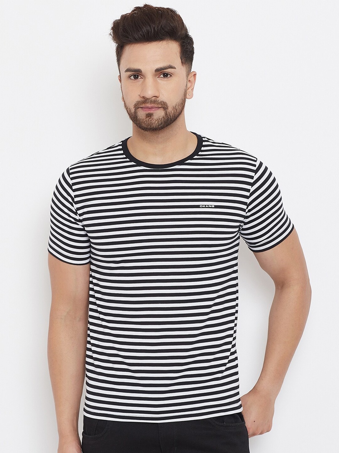 

Okane Men Black & White Striped Round Neck T-shirt