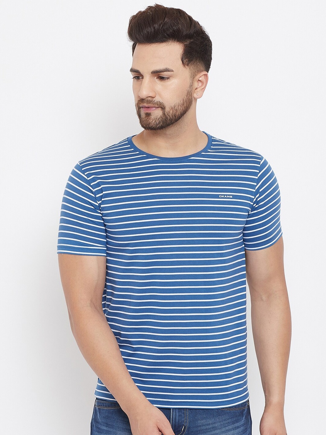 

Okane Men Navy Blue & White Striped Round Neck T-shirt