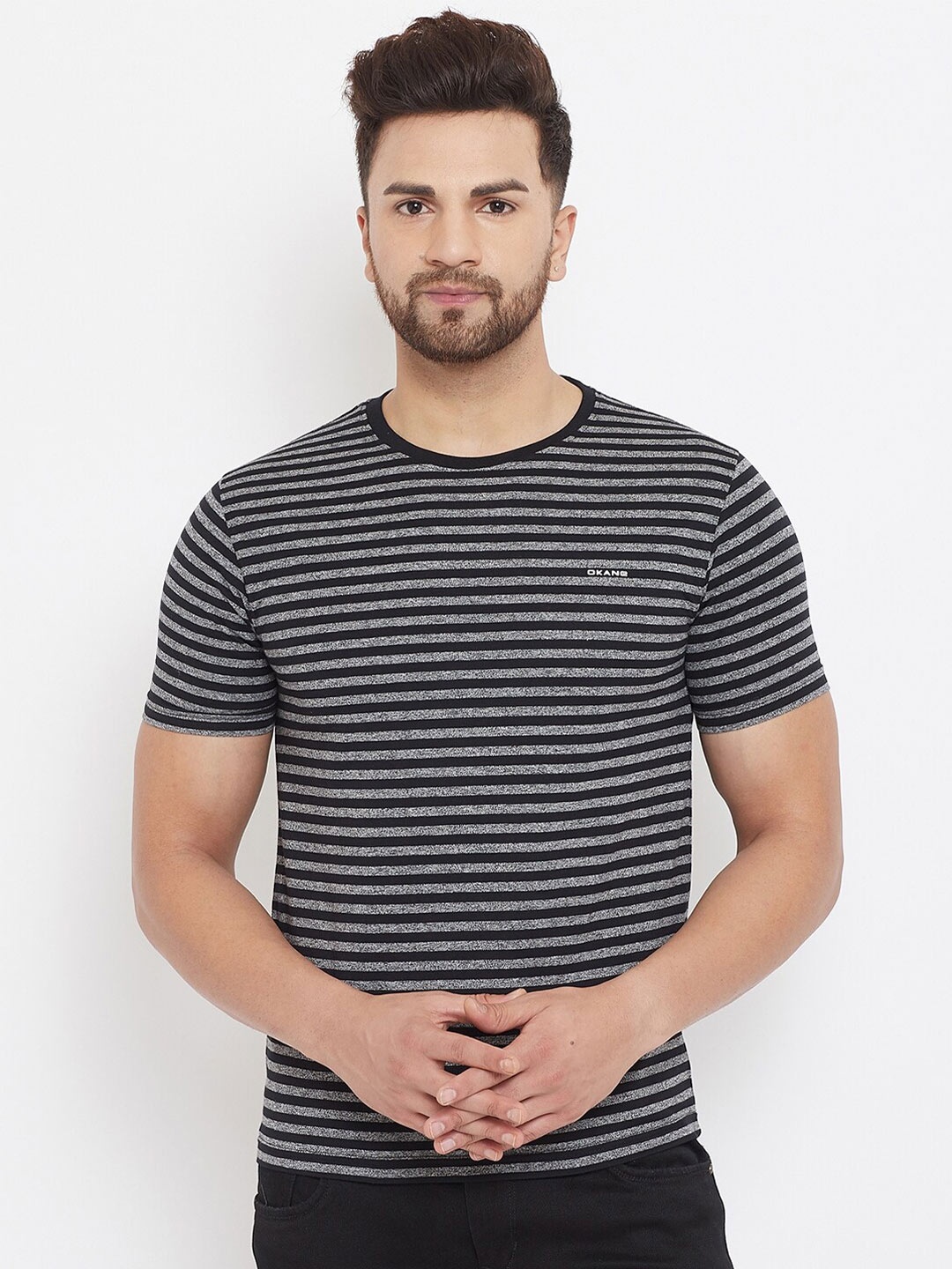 

Okane Men Grey & Black Striped Round Neck T-shirt