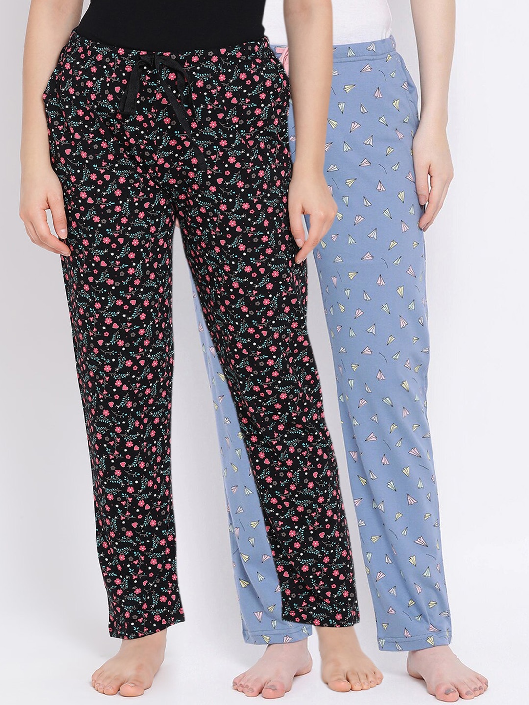 

Kanvin Women Pack of 2 Printed Pure Cotton Lounge Pants, Black