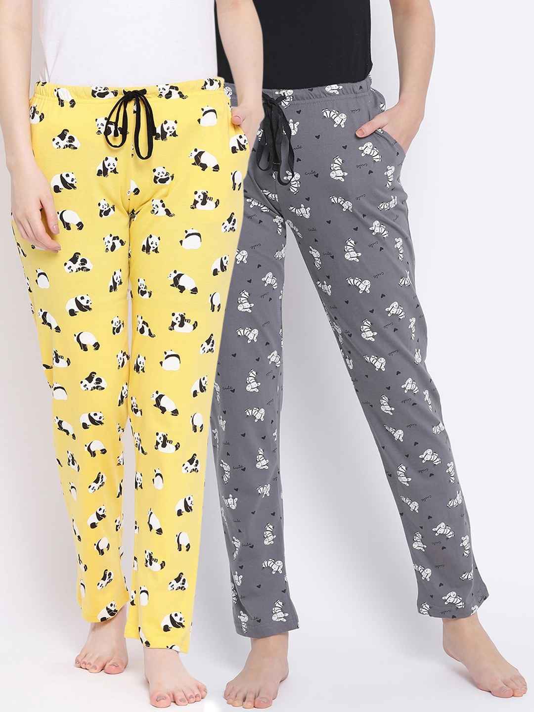 

Kanvin Women Pack of 2 Printed Pure Cotton Lounge Pants, Grey
