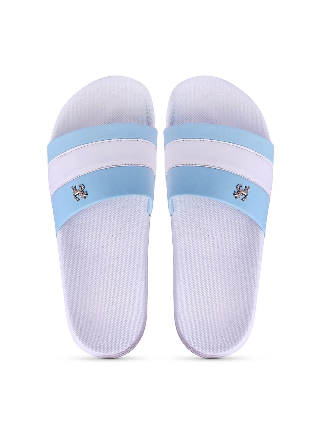 

PERY PAO Men Turquoise Blue & White Striped Rubber Sliders