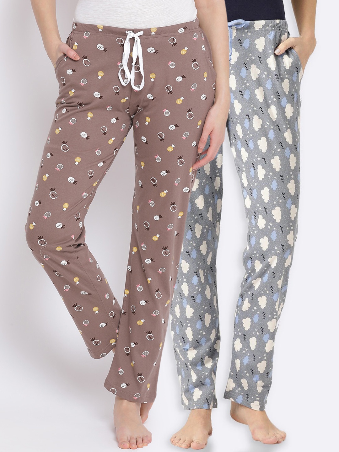 

Kanvin Women Pack of 2 Printed Pure Cotton Lounge Pants, Brown