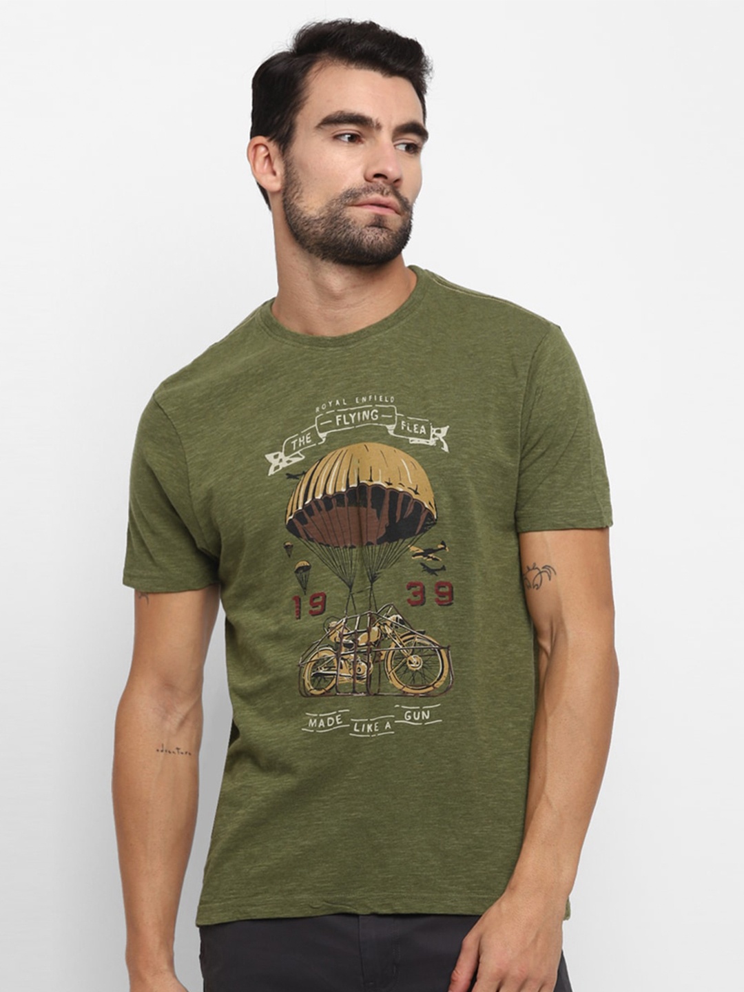 

Royal Enfield Men Olive Green Printed Round Neck T-shirt