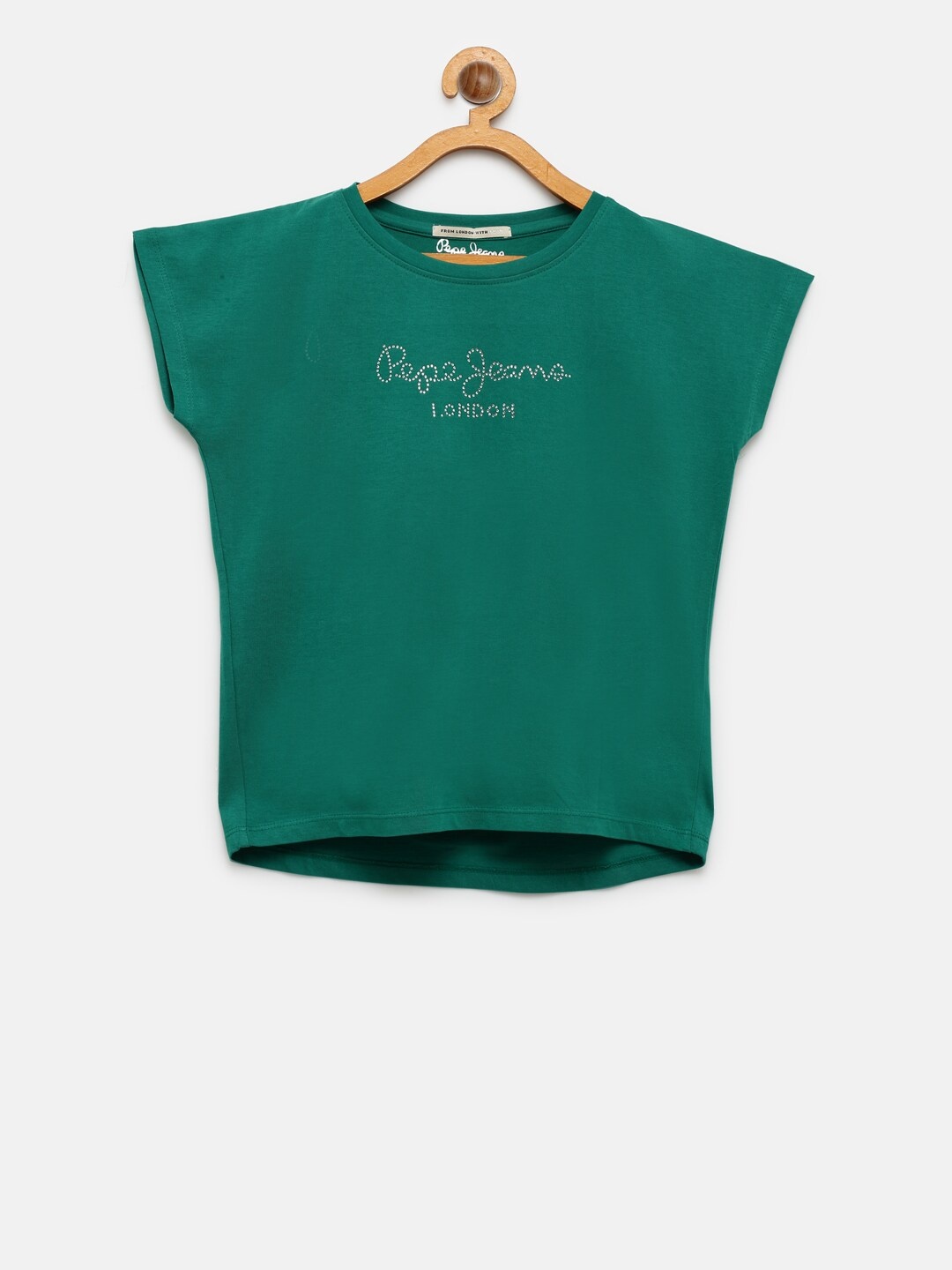 

Pepe Jeans Girls Green Embellished Round Neck Pure Cotton T-shirt