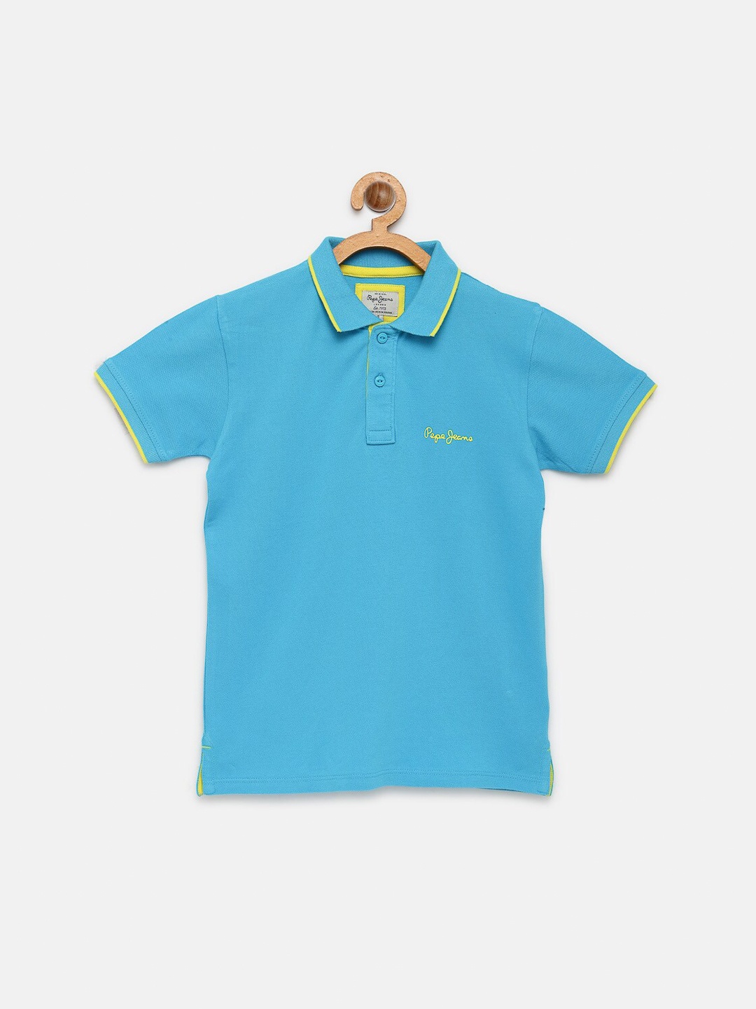 

Pepe Jeans Boys Turquoise Blue Solid Polo Collar Pure Cotton T-shirt