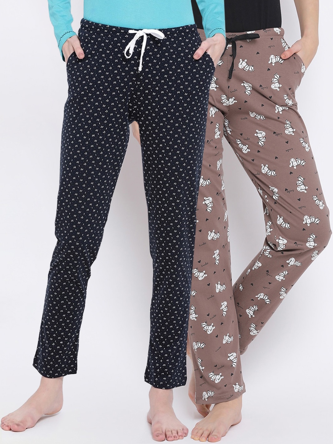 

Kanvin Women Pack Of 2 Printed Pure Cotton Lounge Pants, Brown