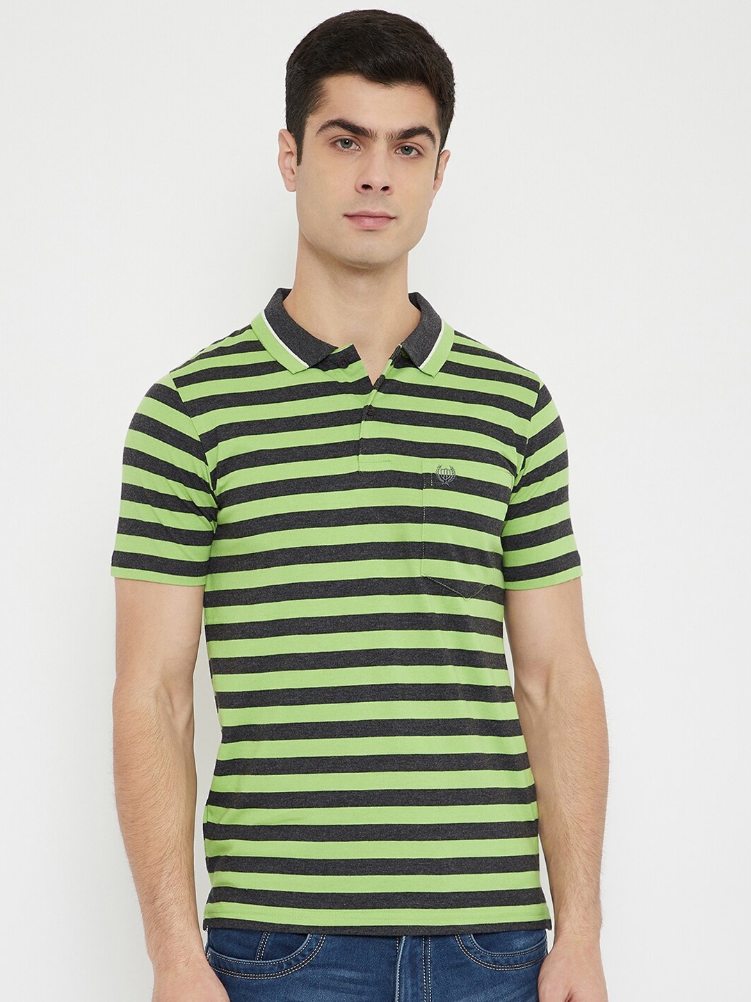 

Duke Men Fluorescent Green & Charcoal Grey Striped Slim-Fit Cotton Polo Collar T-shirt