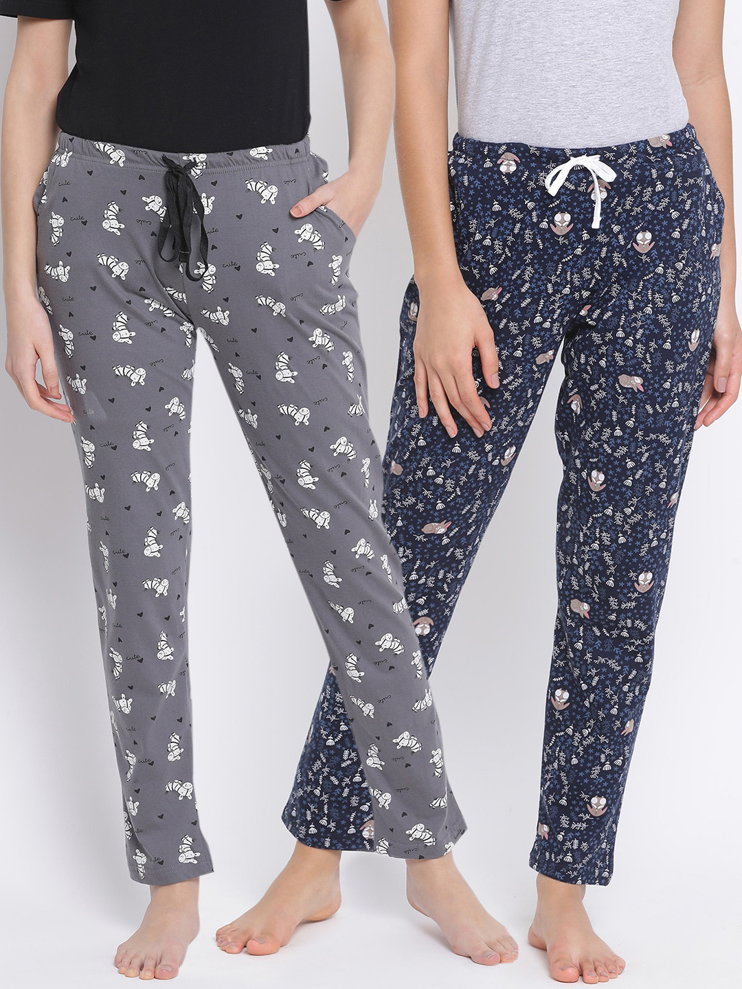 

Kanvin Women Pack Of 2 Printed Pure Cotton Lounge Pants, Grey