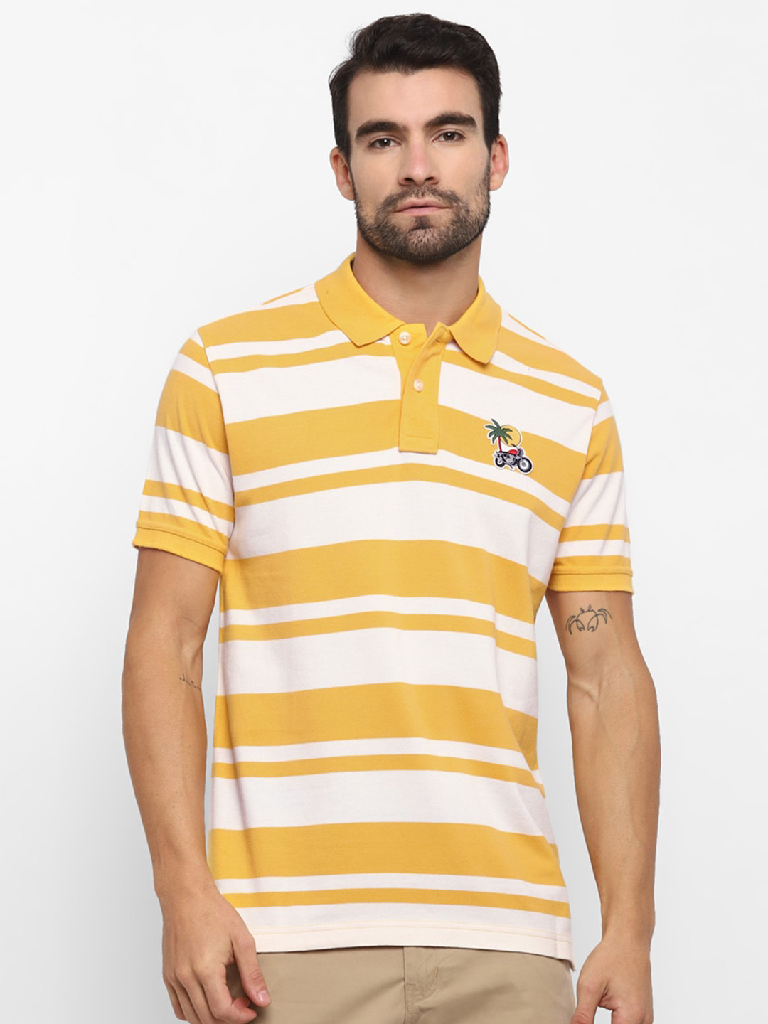 

Royal Enfield Men Mustard Yellow & White Striped Polo Collar T-shirt
