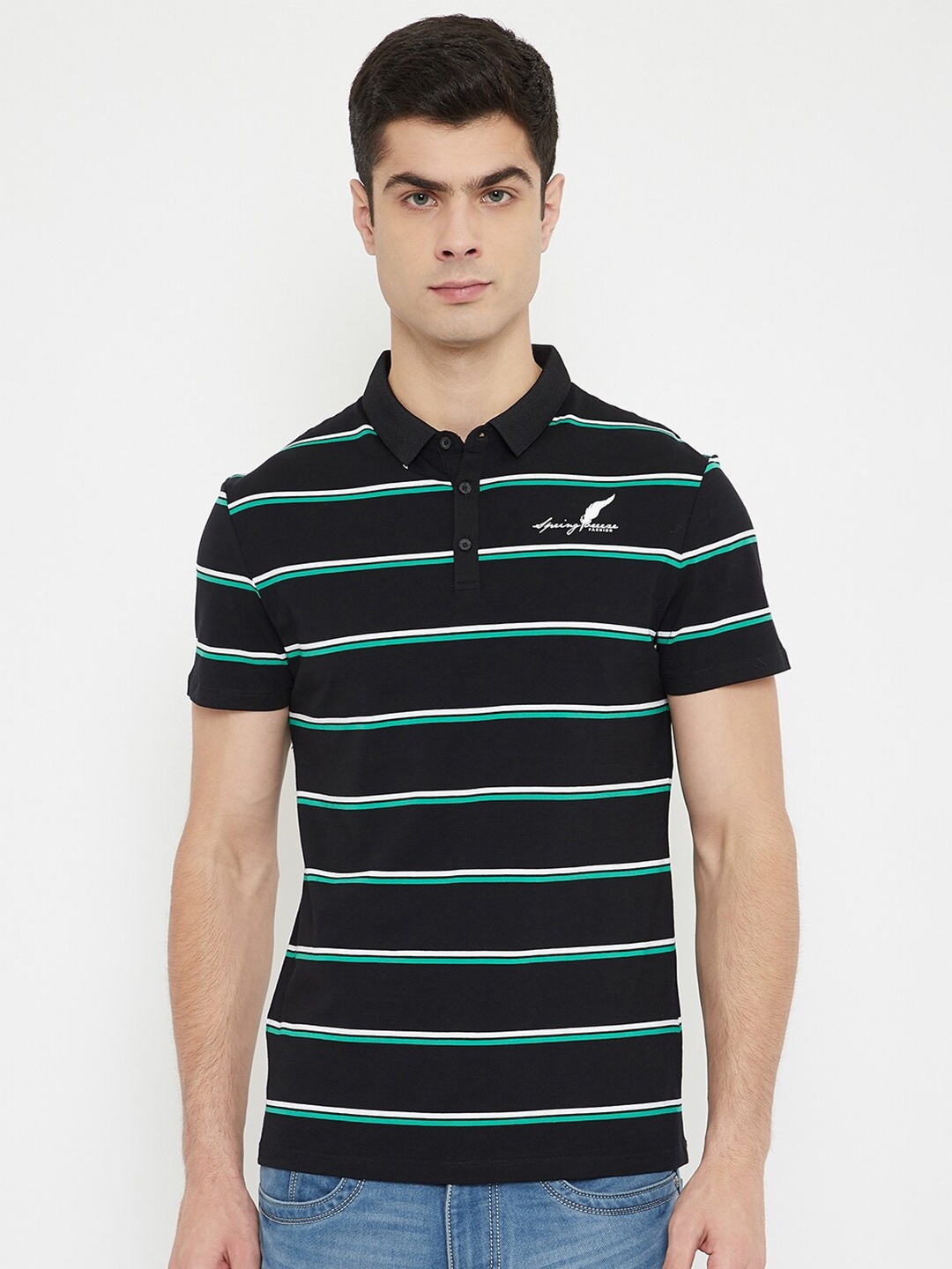 

Duke Men Black & Green Striped Slim-Fit Cotton Polo Collar T-shirt