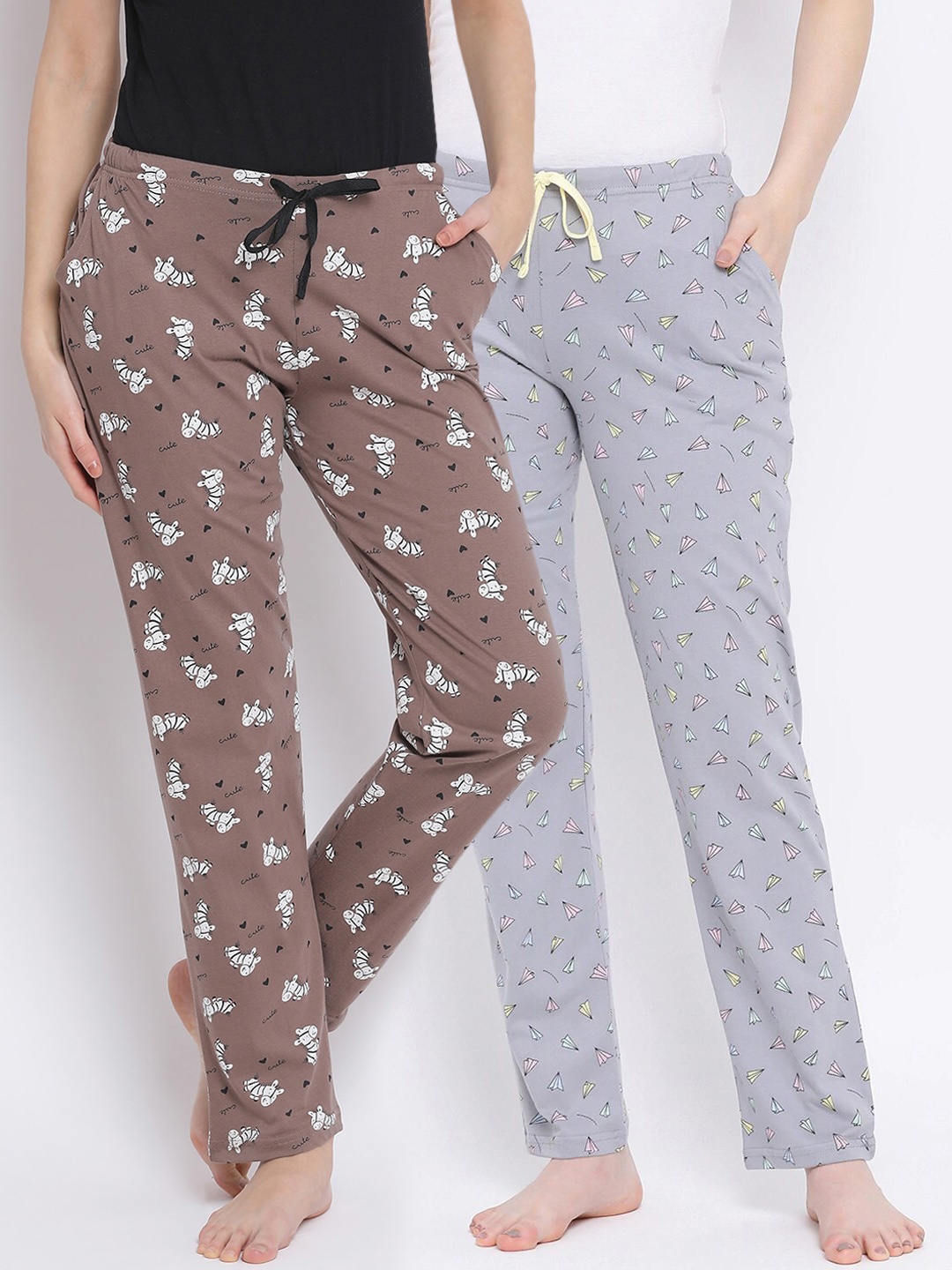 

Kanvin Women Pack Of 2 Printed Pure Cotton Lounge Pants, Brown