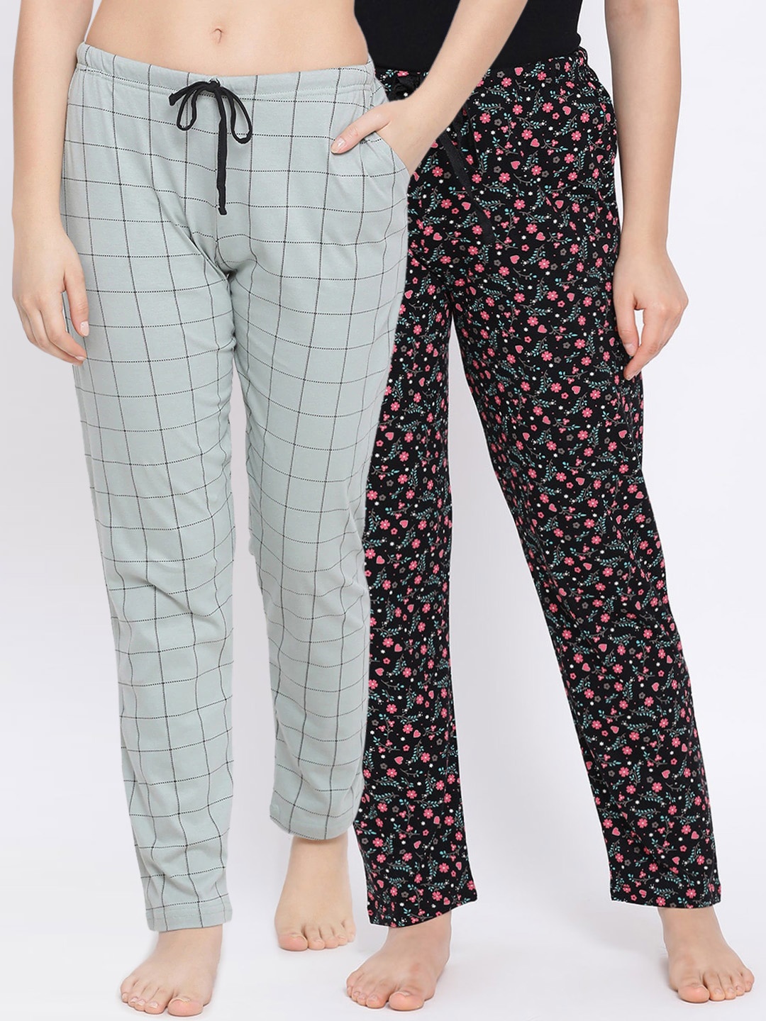 

Kanvin Women Pack Of 2 Printed Pure Cotton Lounge Pants, Black