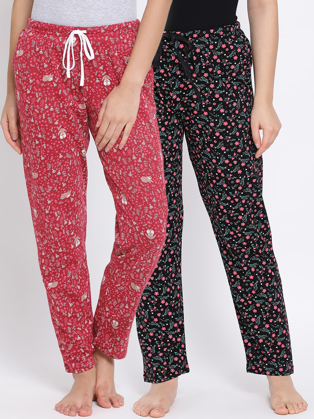 

Kanvin Women Pack Of 2 Printed Pure Cotton Lounge Pants, Black