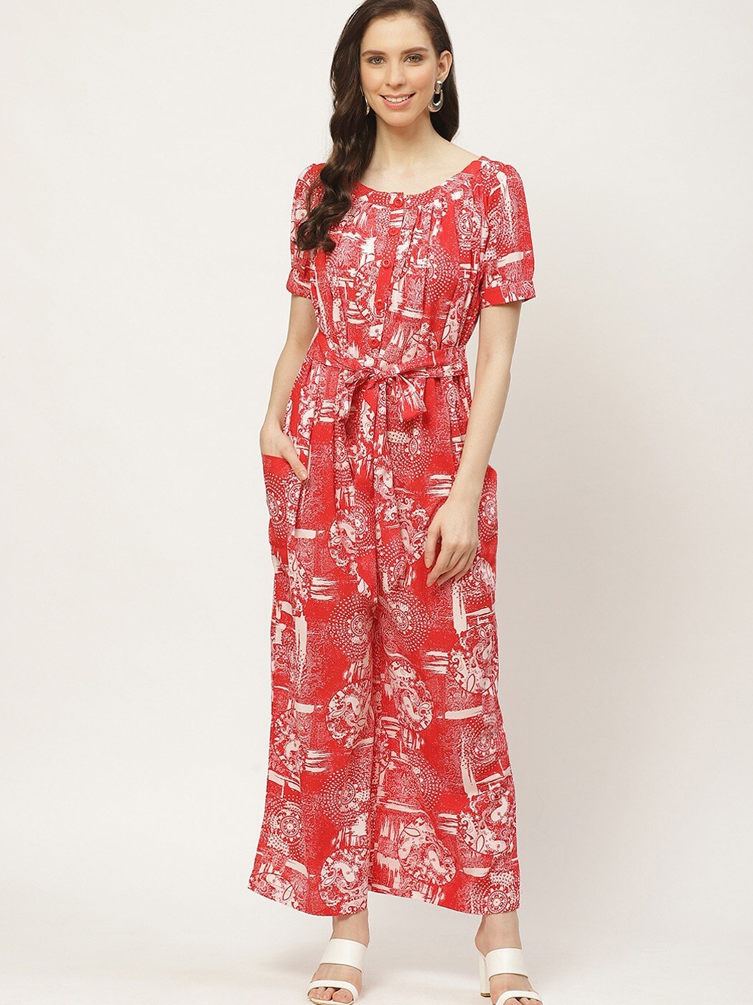 

Cottinfab Women Red & White Printed Basic Jumpsuit