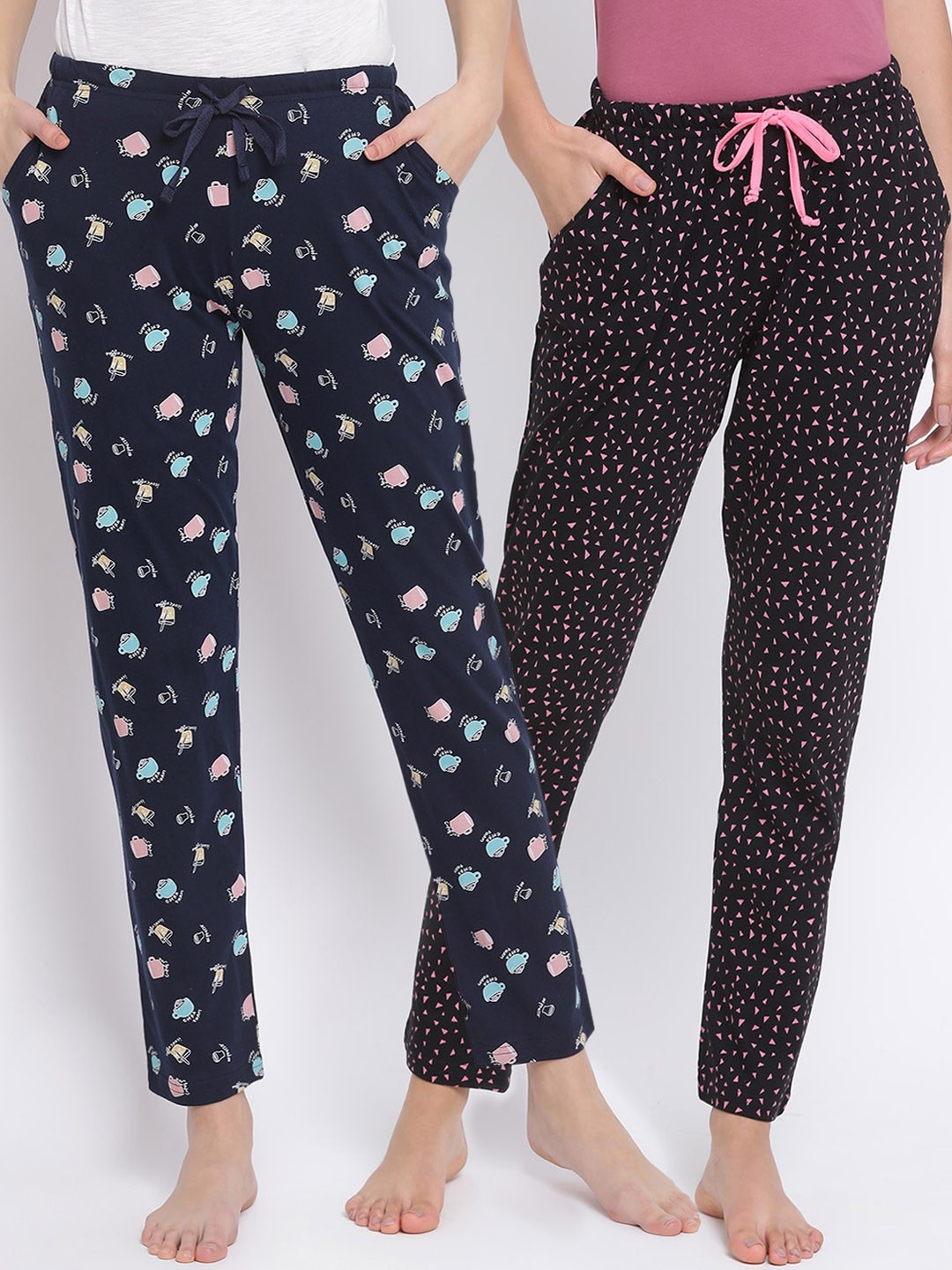 

Kanvin Women Pack Of 2 Printed Pure Cotton Lounge Pants, Navy blue