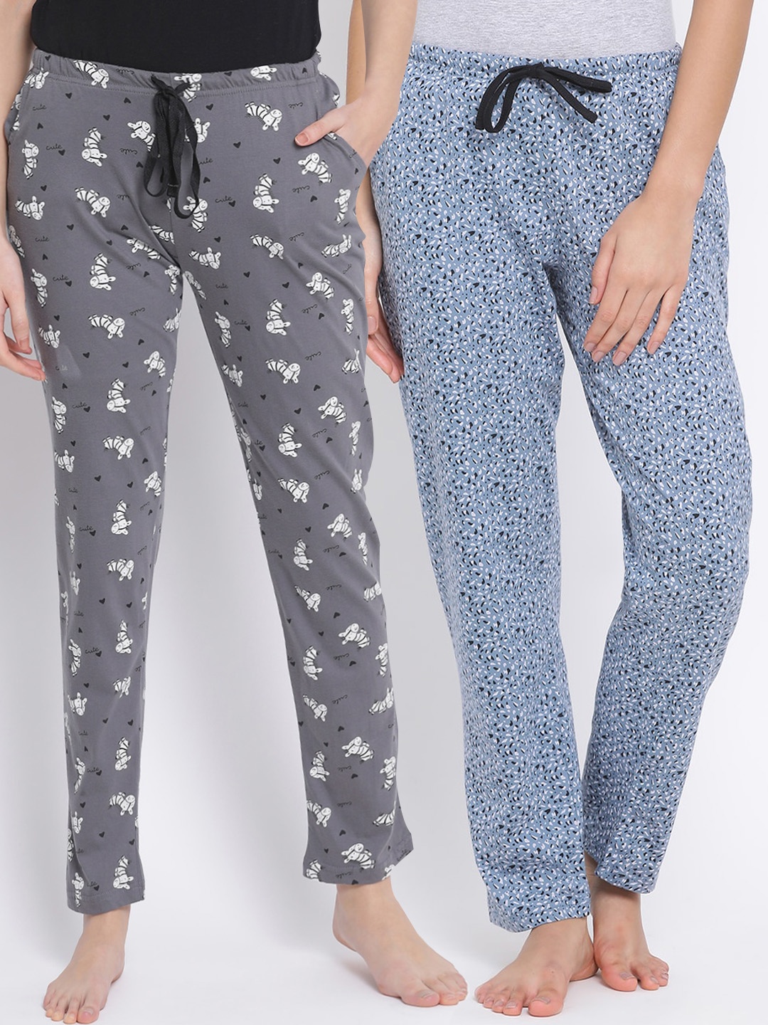 

Kanvin Women Pack Of 2 Printed Pure Cotton Lounge Pants, Grey
