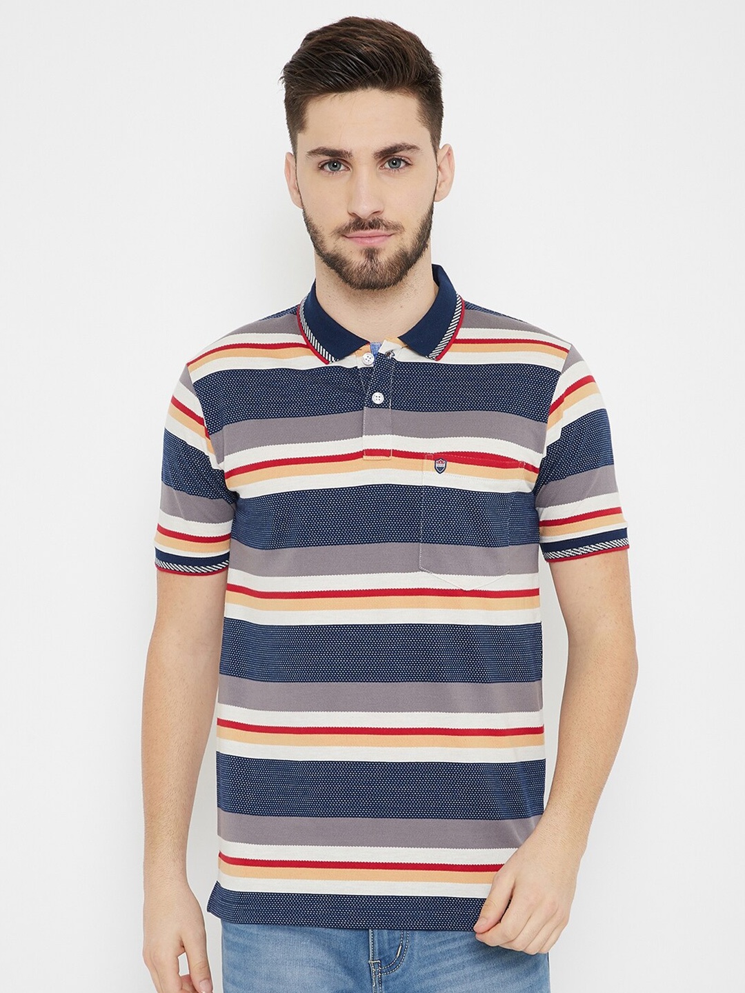 

Duke Men Navy Blue Striped Cotton Polo Collar T-shirt