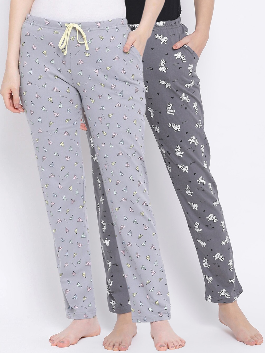 Kanvin Women Pack Of 2 Printed Pure Cotton Lounge Pants, Grey
