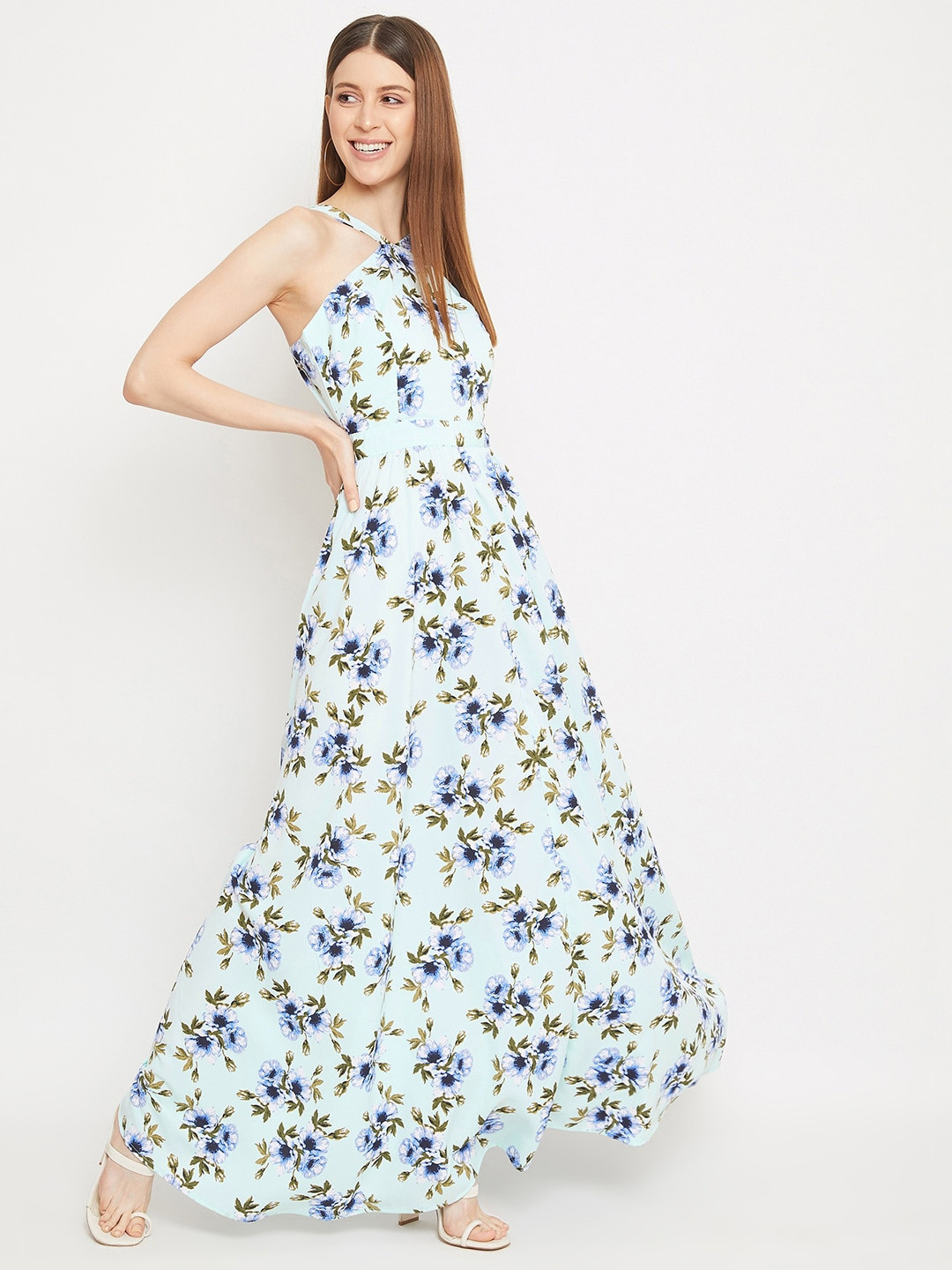 

Berrylush Women Green Floral Halter Neck Crepe Maxi Dress