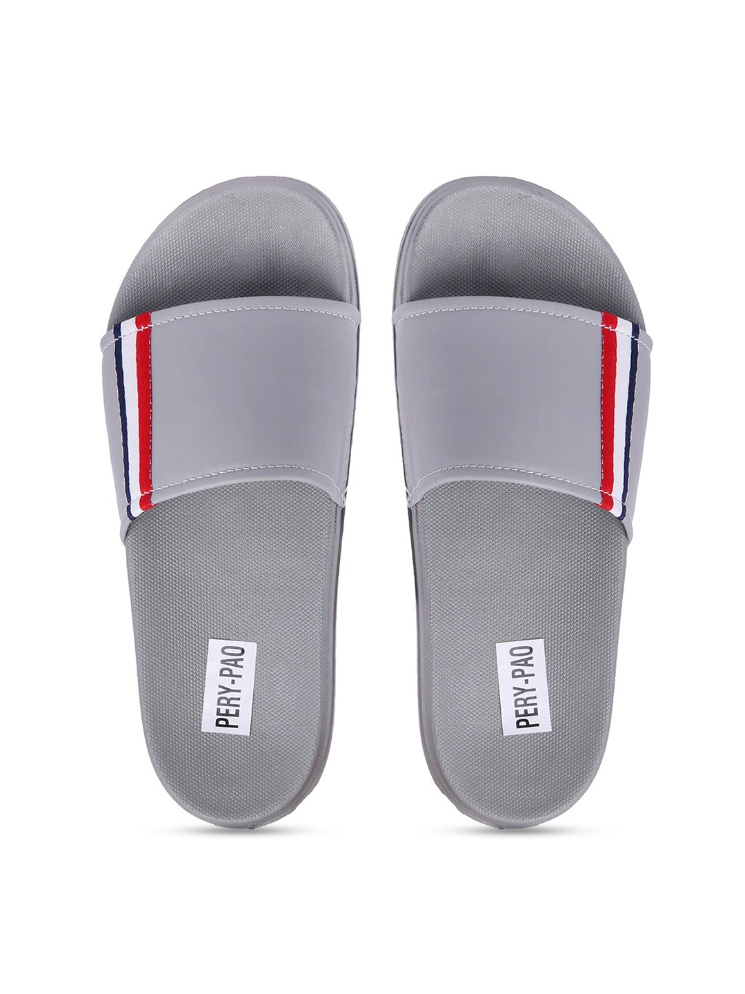 

PERY PAO Men Grey & White Striped Rubber Sliders