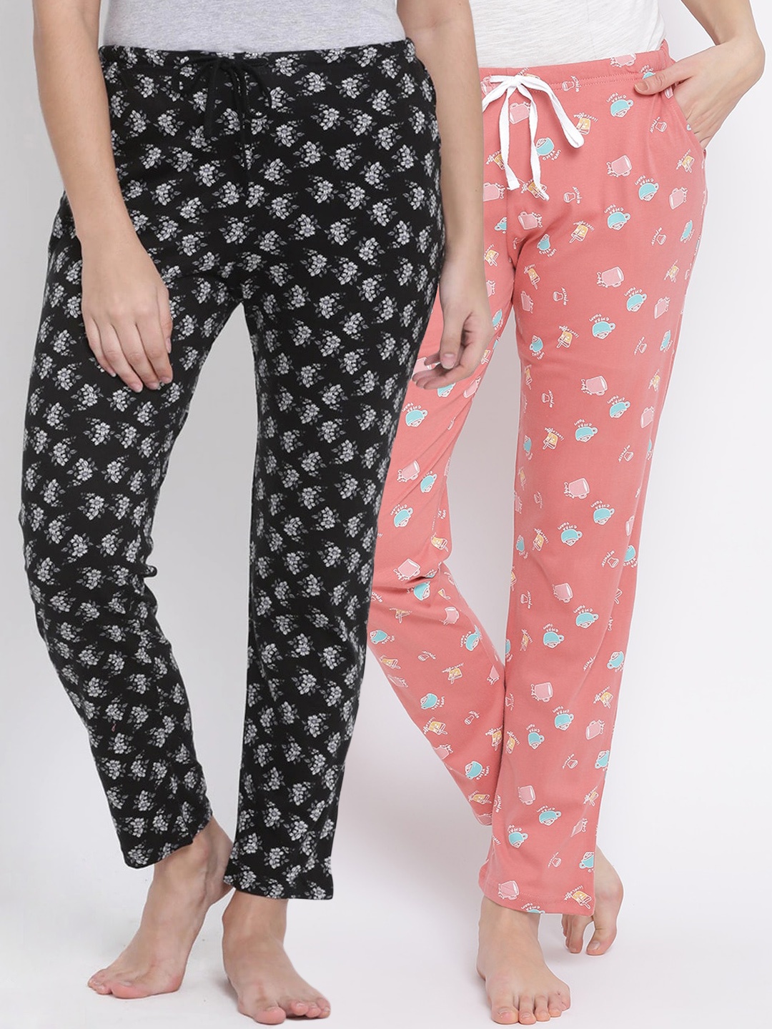 

Kanvin Women Pack Of 2 Printed Pure Cotton Lounge Pants, Coral