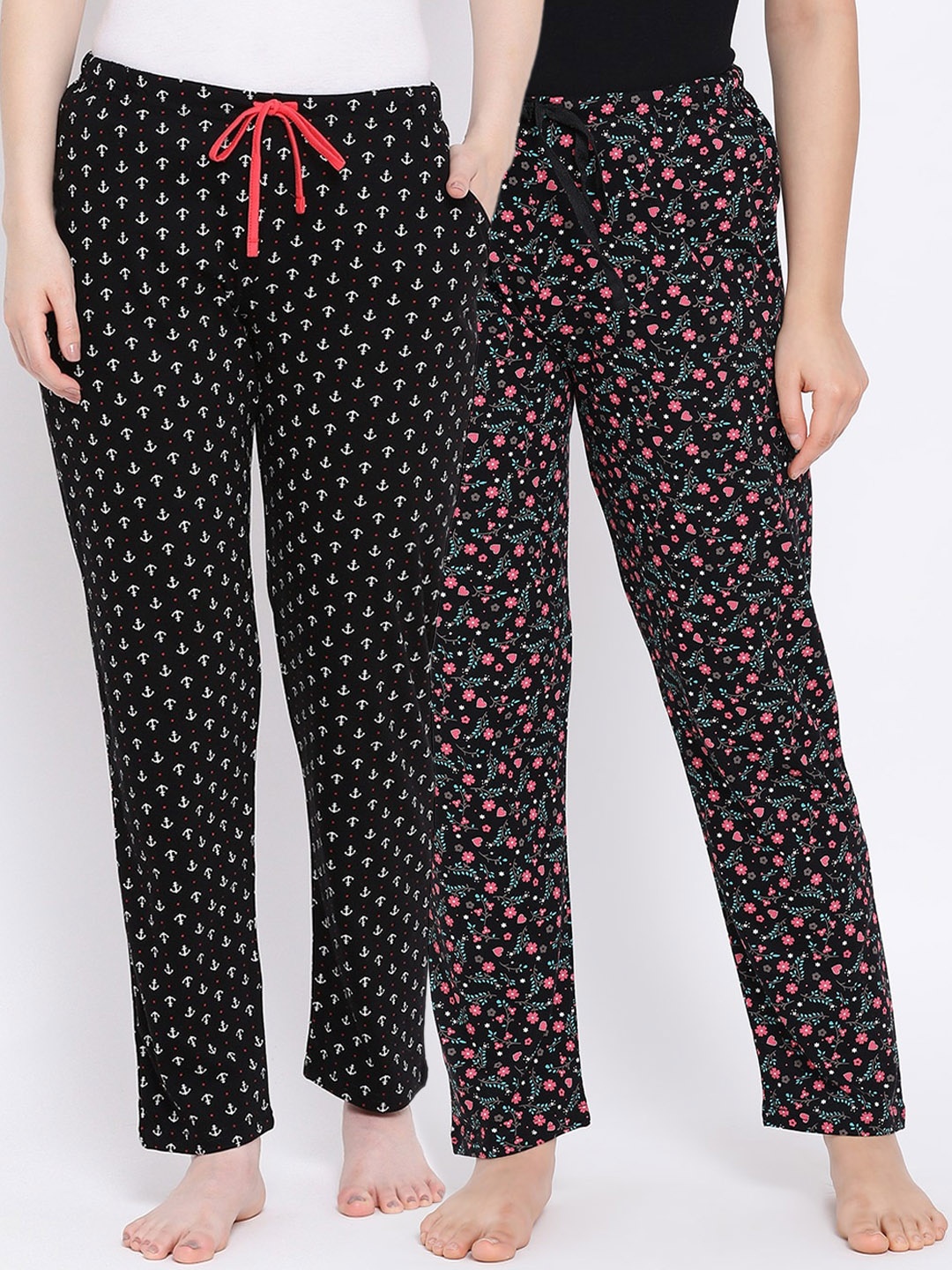 

Kanvin Women Pack of 2 Printed Pure Cotton Lounge Pants, Black