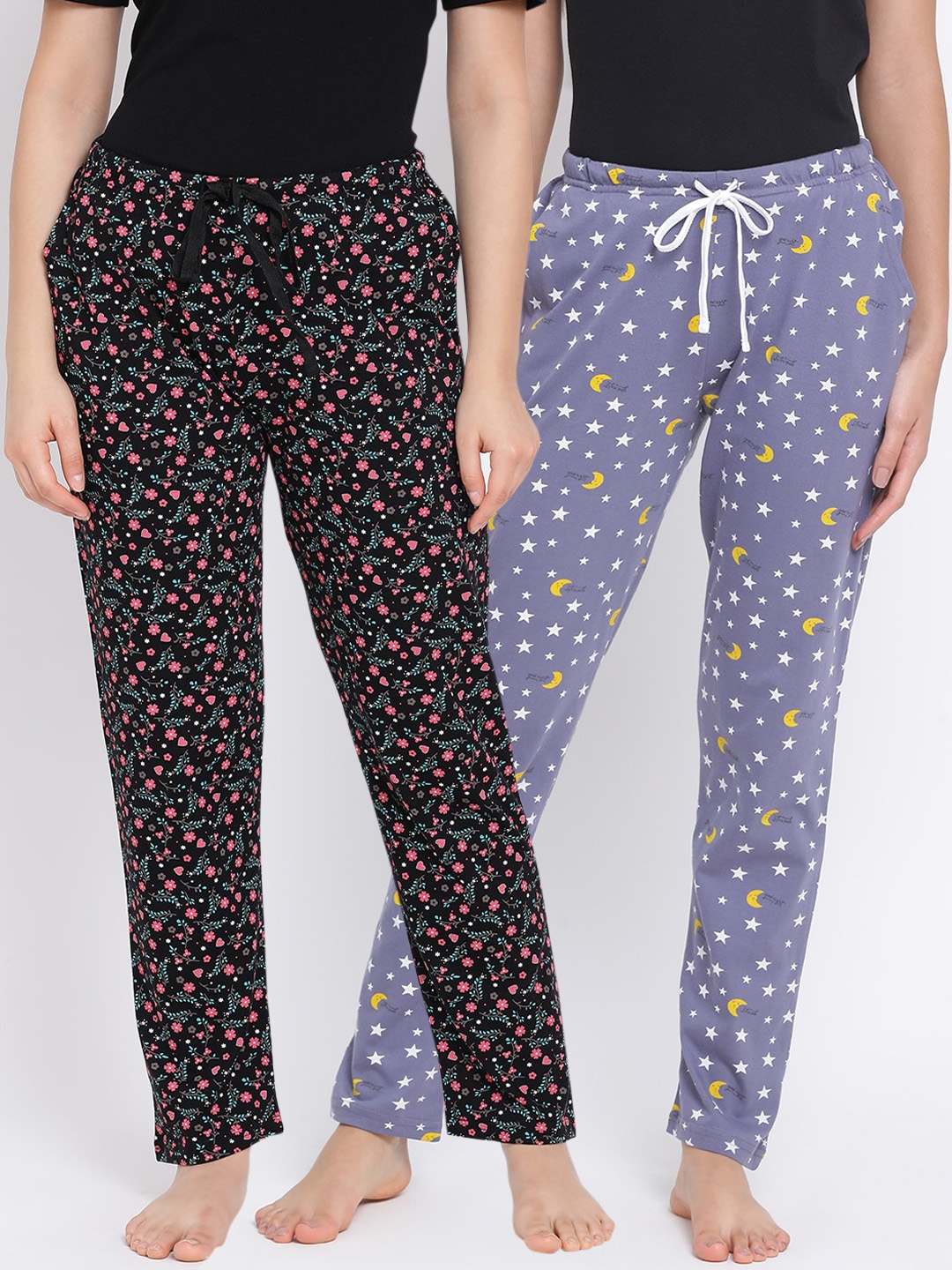 

Kanvin Women Pack of 2 Printed Pure Cotton Lounge Pants, Black