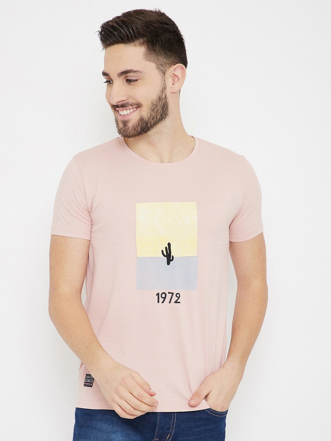 

Duke Men Pink & Yellow Slim-Fit Graphic Print Cotton Round Neck T-shirt