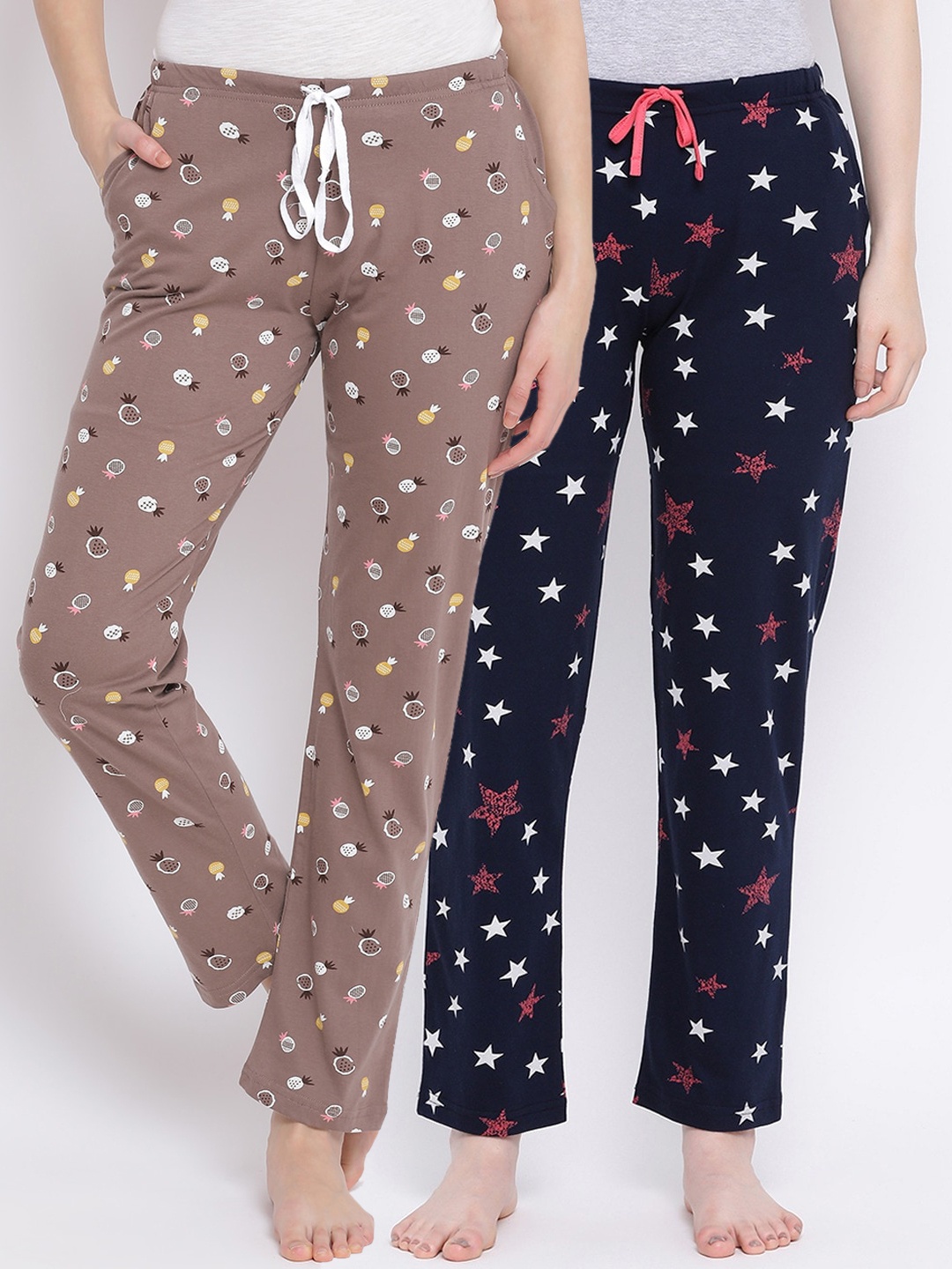 

Kanvin Women Pack Of 2 Printed Pure Cotton Lounge Pants, Brown